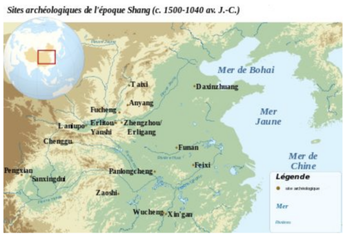 Figure 1 : emplacements géographiques des sites archéologiques Shang