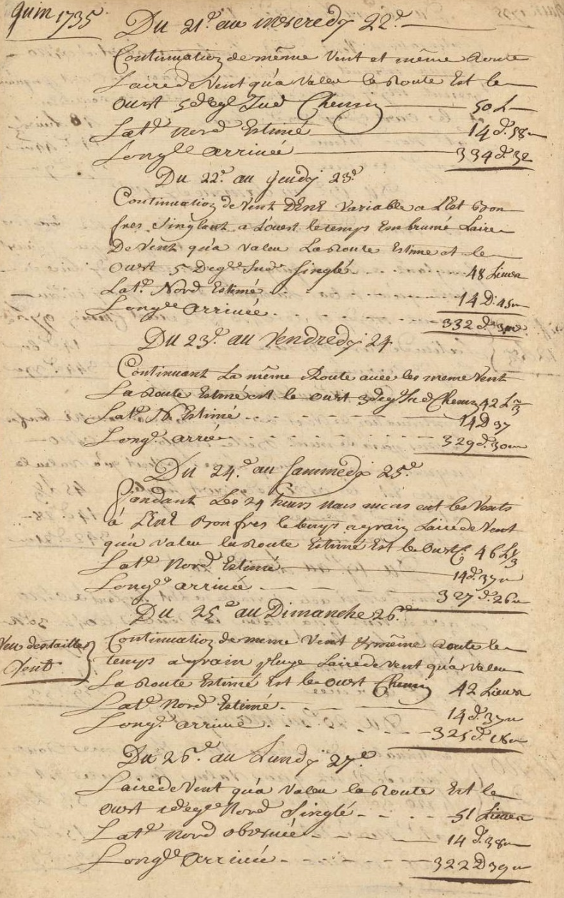 Folio d’un journal de bord manuscrit de juin 1735